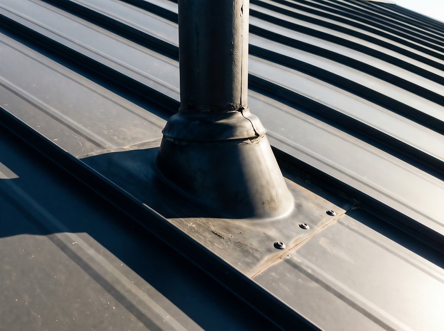 Black pipe boot flashing installed on a charcoal standing-seam metal roof